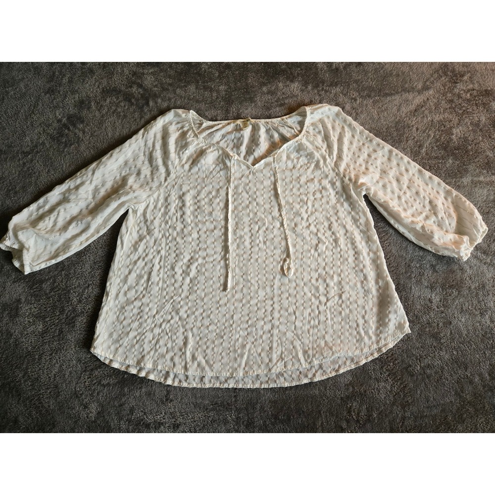 Como Blu Blouse Womens Large White Good Metallic Stripe Peasant V-Neck Tie Top